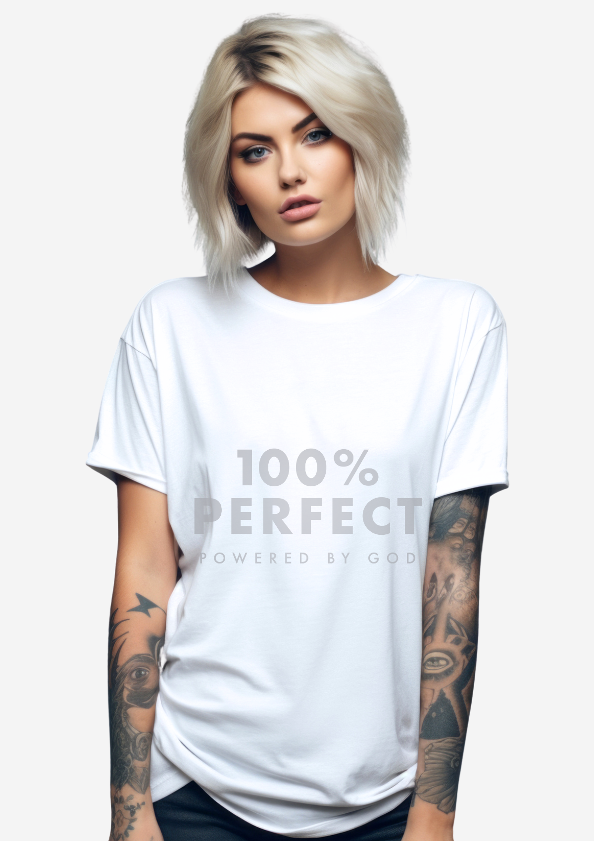 100% Perfect - Powered by God Unisex White T-Shirt - Perfect TShirt Co