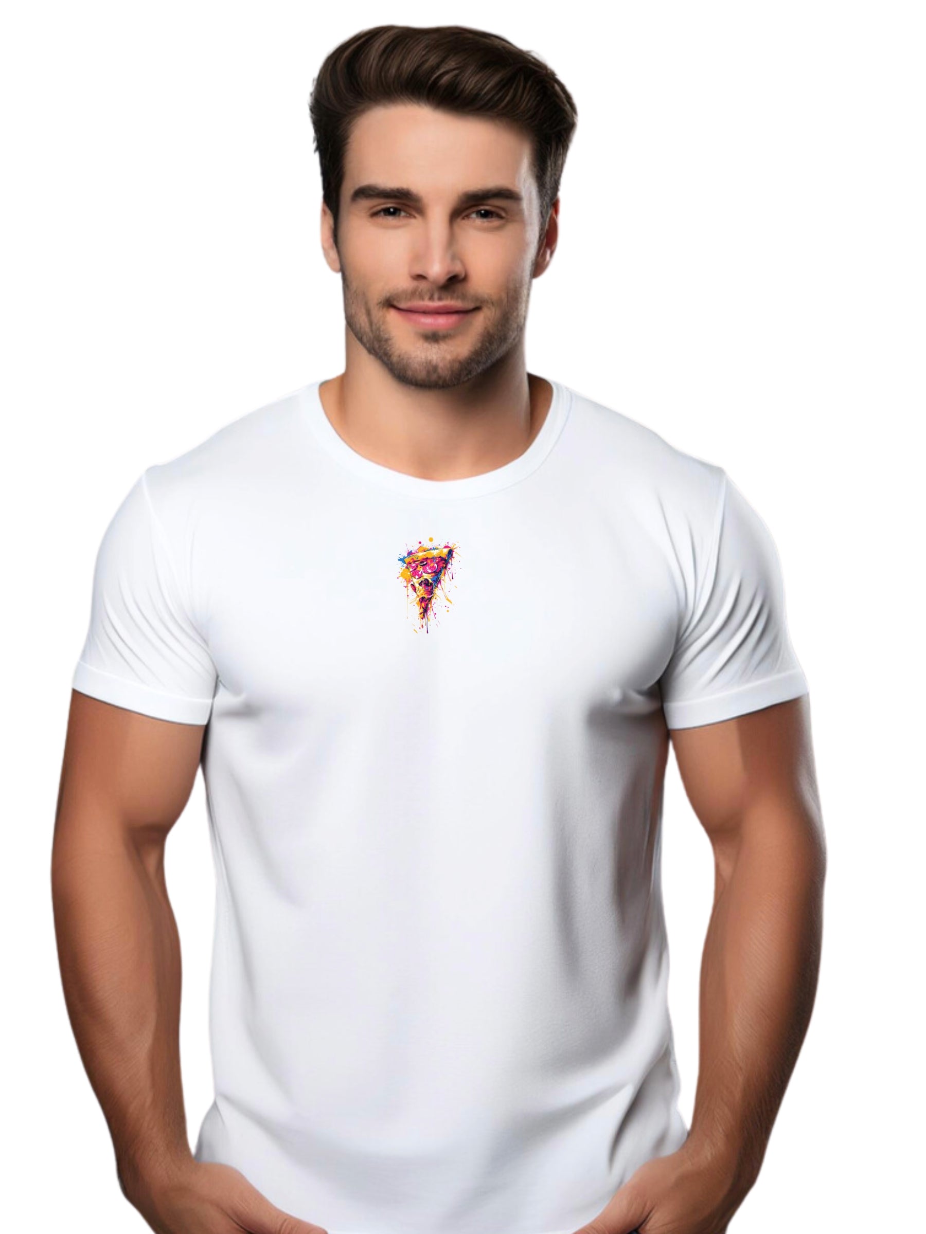 Graphic Graffiti Image of a Pizza Slice on a white t-shirt on a handsome man