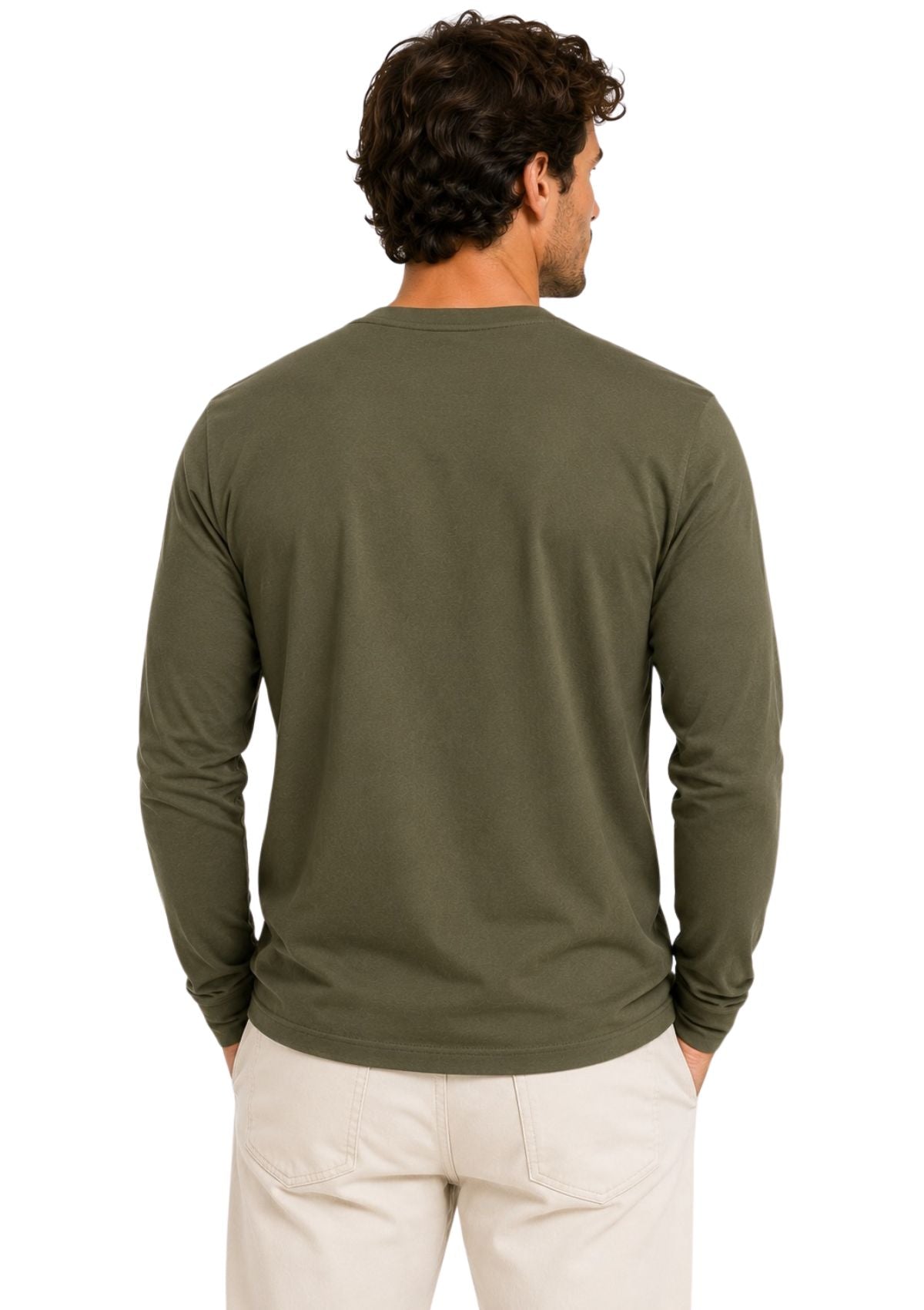 Men's Olive Green Classic Fit T-Shirt Long Sleeve Back View