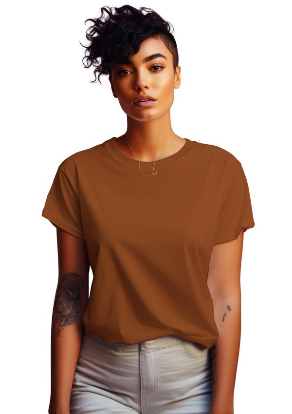 girl modelling the short sleeve crew neck airlume cotton autumn color t-shirt from perfect tshirt co