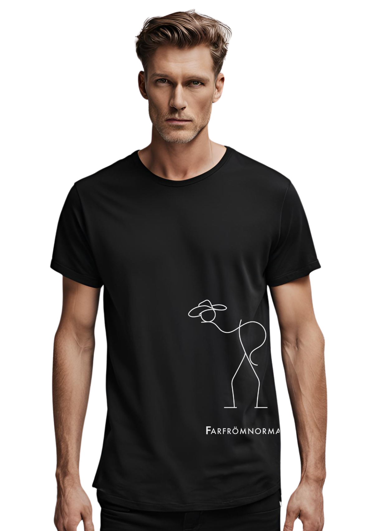 man wearing the far from normal cowboy tee in black