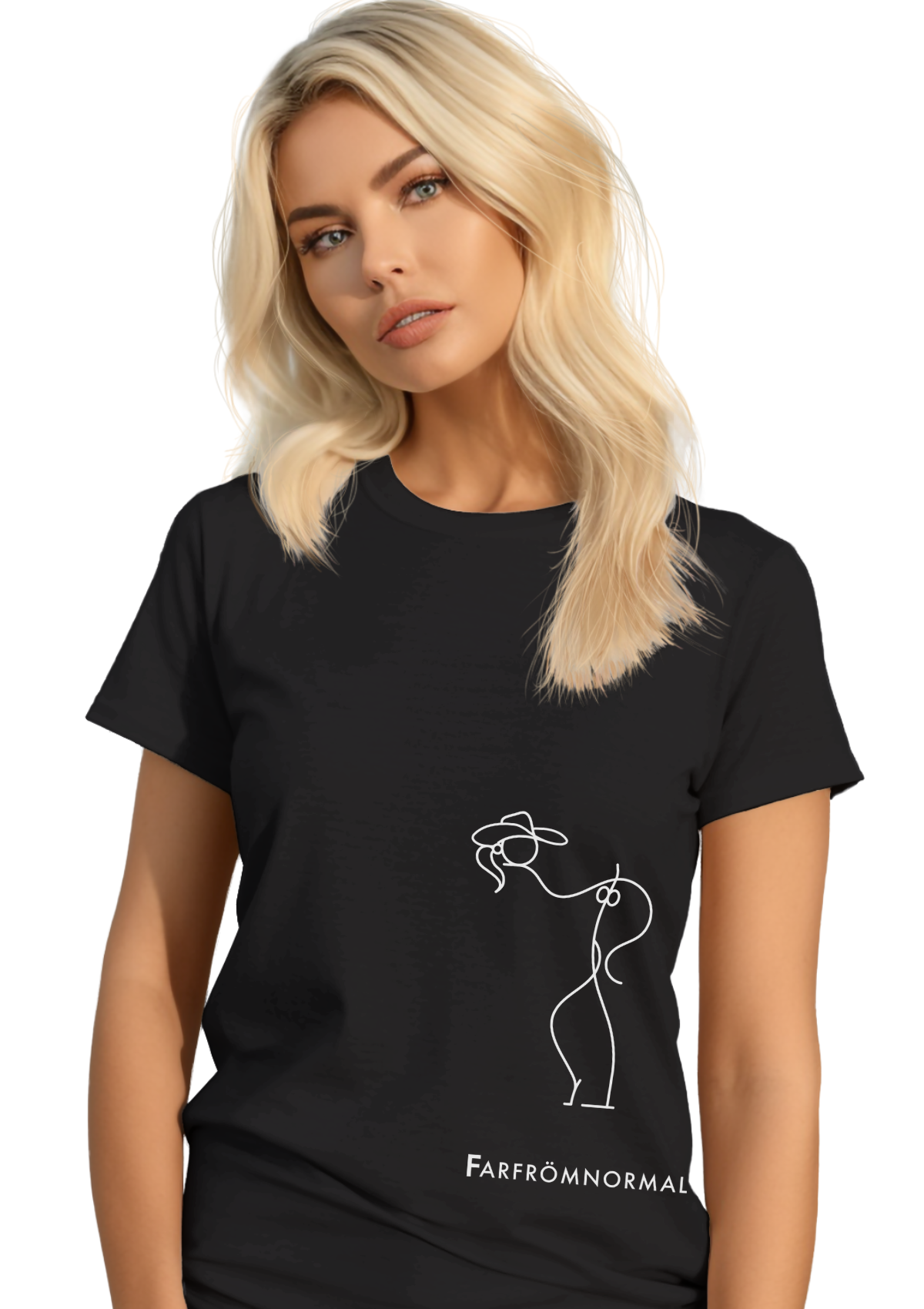far from normal cowgirl with ponytail in black t-shirt