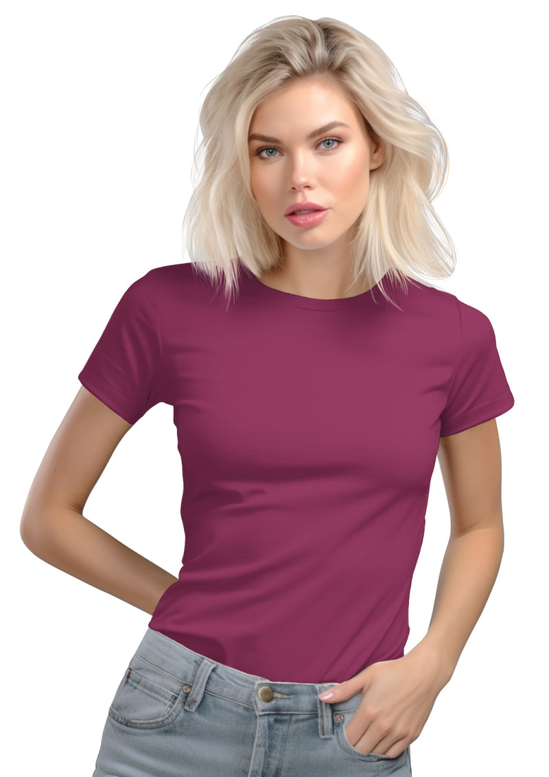 Model wearing a Berry Red Slim Fit T-Shirt from the Perfect TShirt Co.