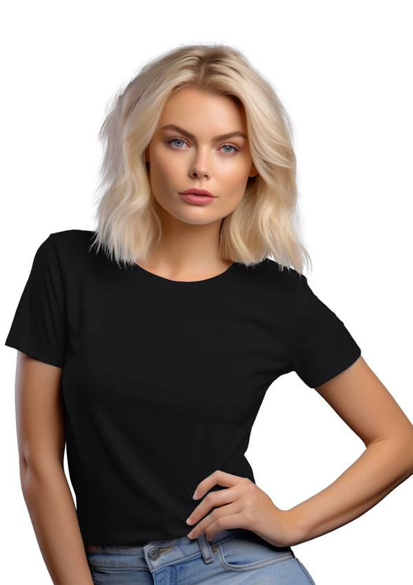 women in a black short sleeve crew neck t-shirt from the Perfect TShirt Co