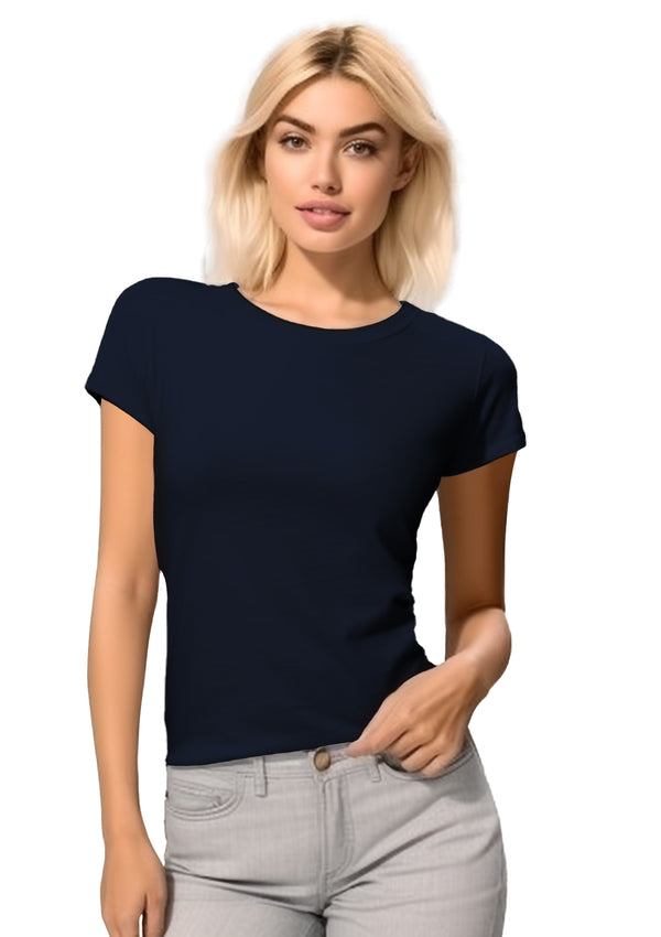 Women's Short Sleeve Crew Neck Navy Blue Slim Fit T-Shirt