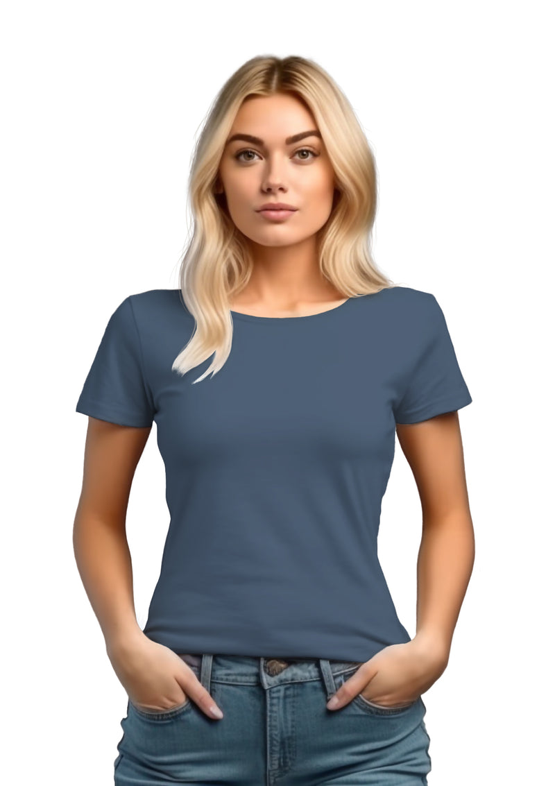 Model wearing a Perfect TShirt Co. steel blue short sleeve crew neck t-shirt 