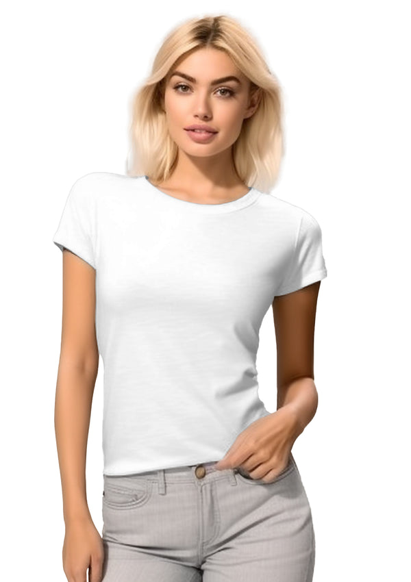 Model wearing the womens short sleeve crew neck white slim fit t-shirt | Perfect T-Shirt Co