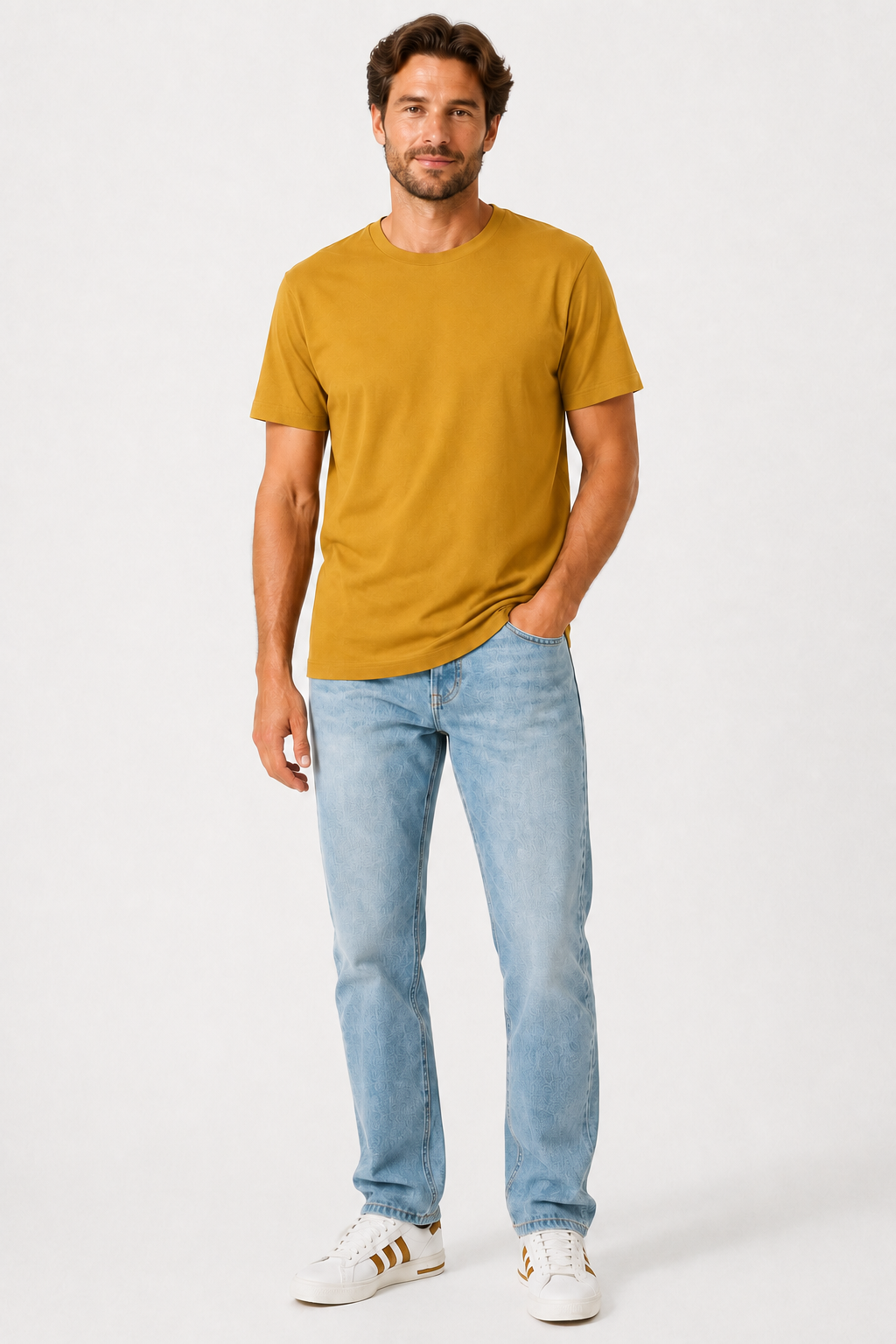 A man modeling a mustard yellow short-sleeve crewneck t-shirt, paired with light blue jeans and white sneakers, standing against a plain white studio background.
