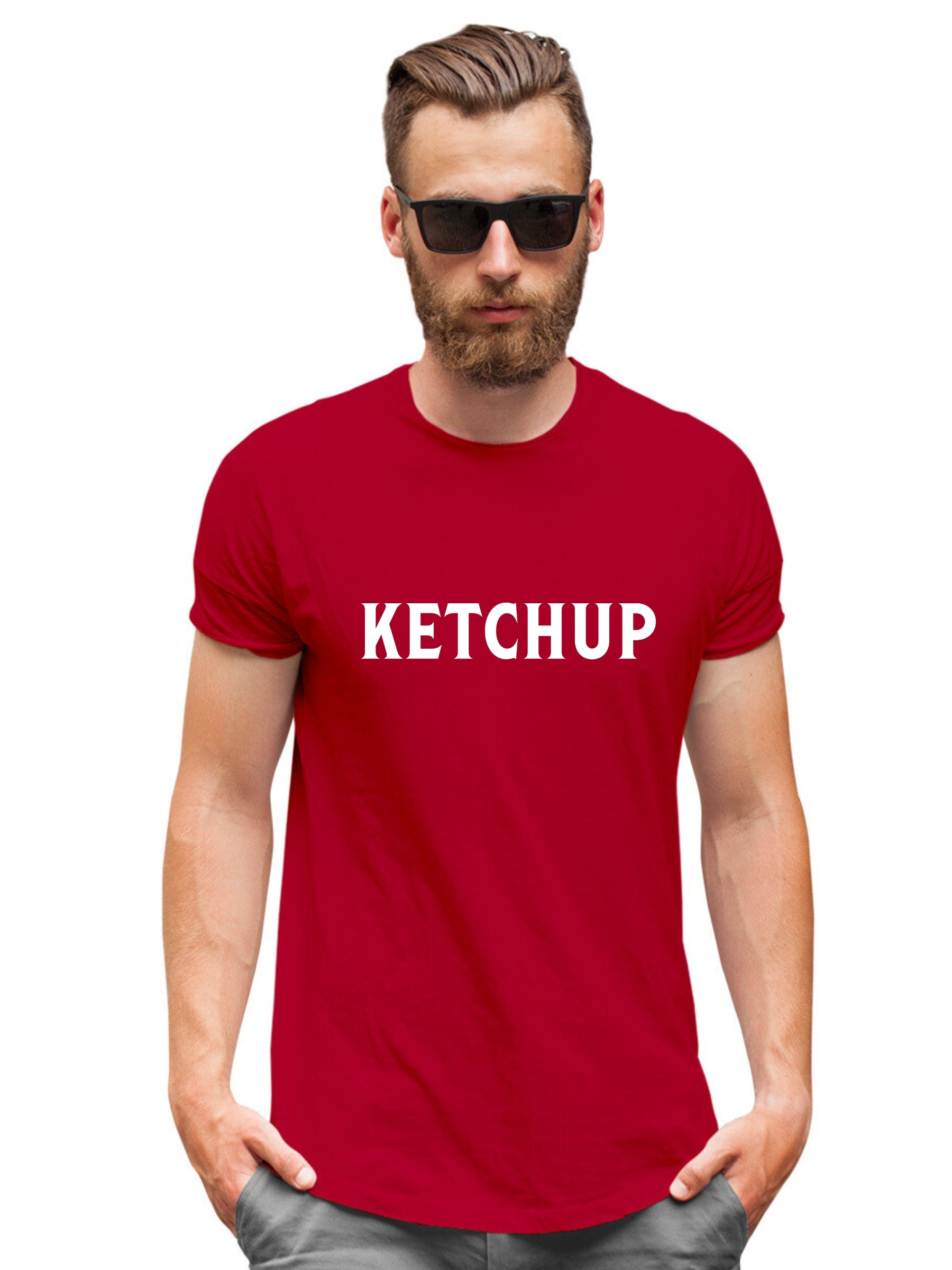 Man wearing a red t-shirt with 'KETCHUP' text in white background