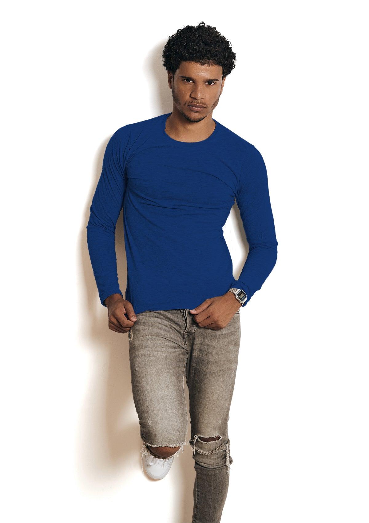 Male modelling a Long Sleeve Crew Neck Royal Blue T-Shirt from Perfect TShirt Co