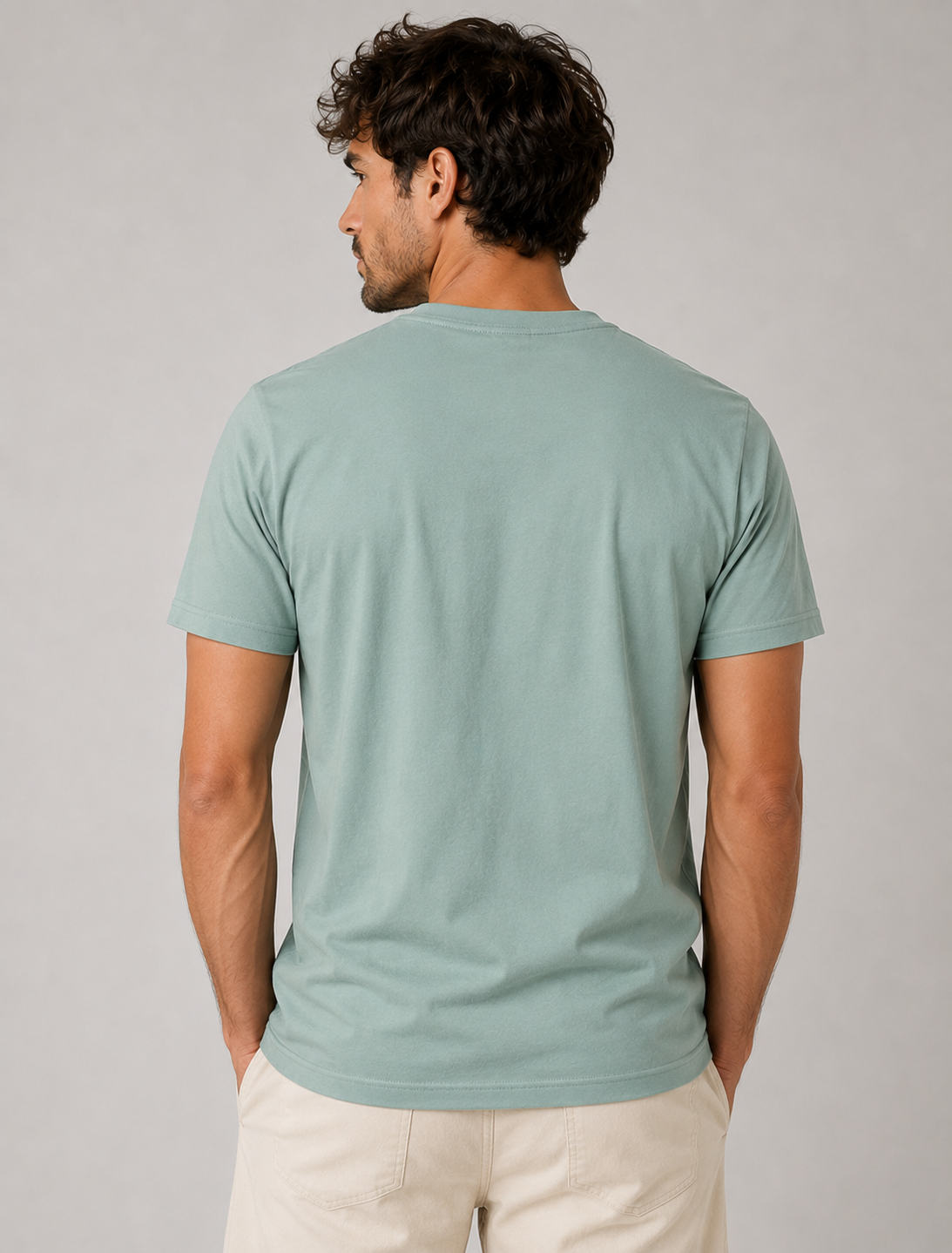 mens dusty blue classic fit t-shirt short sleeve crew neck airlume cotton back image view.