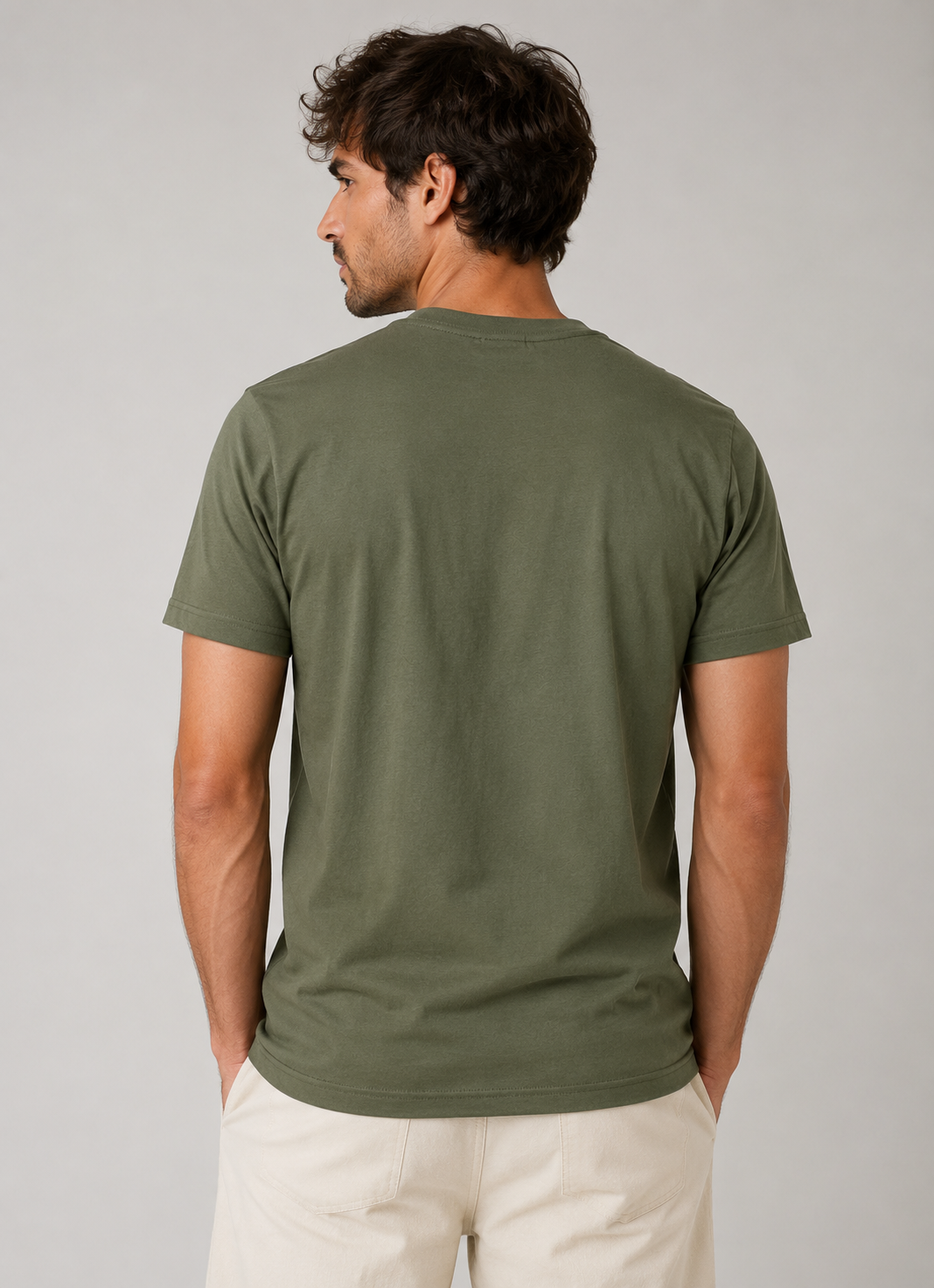 mens military green classic fit t-shirt short sleeve crew-neck airlume cotton back view