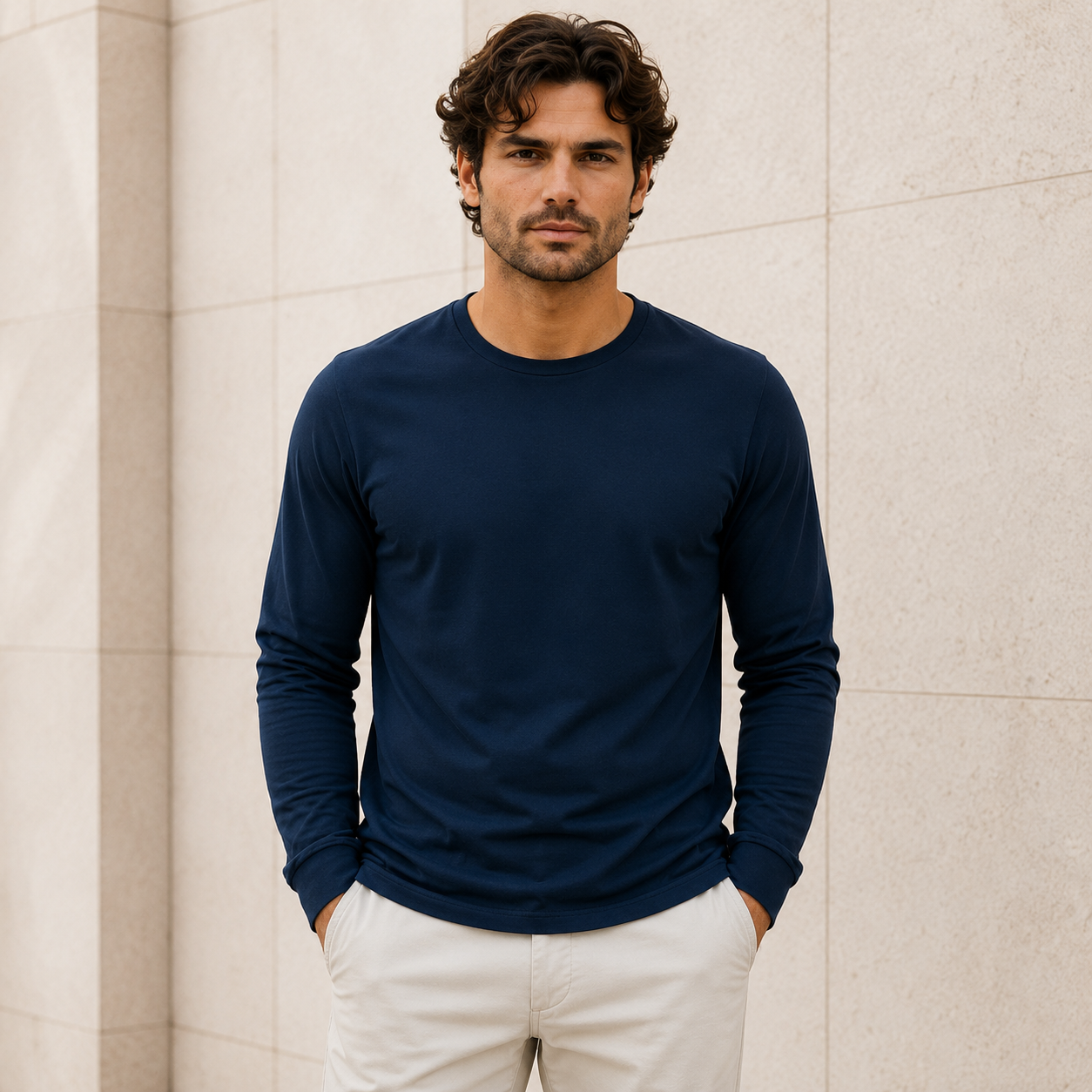 A man wearing a navy blue long-sleeve crewneck shirt and off-white trousers, standing against a light beige stone wall.