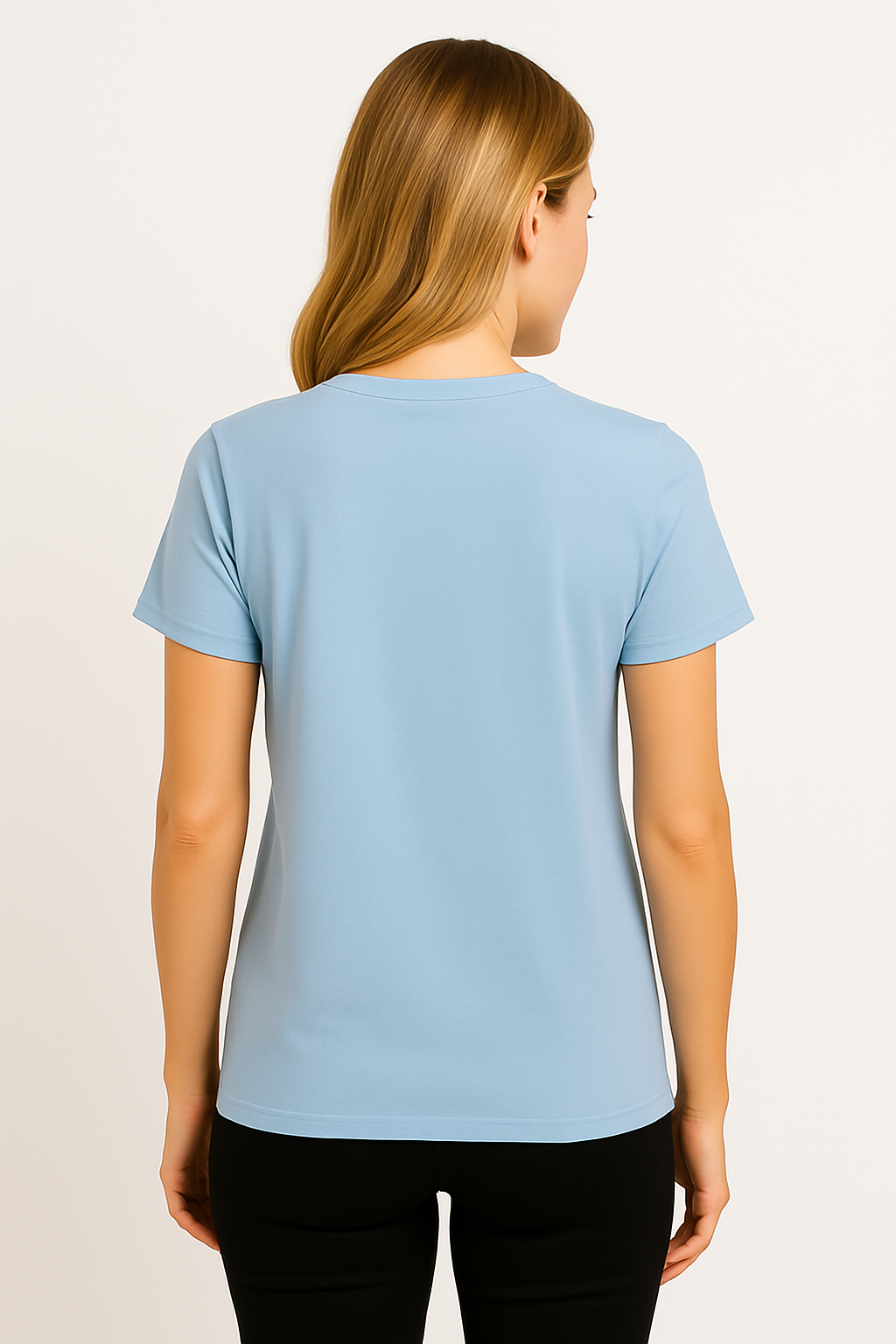 women wearing a baby blue t-shirt back view