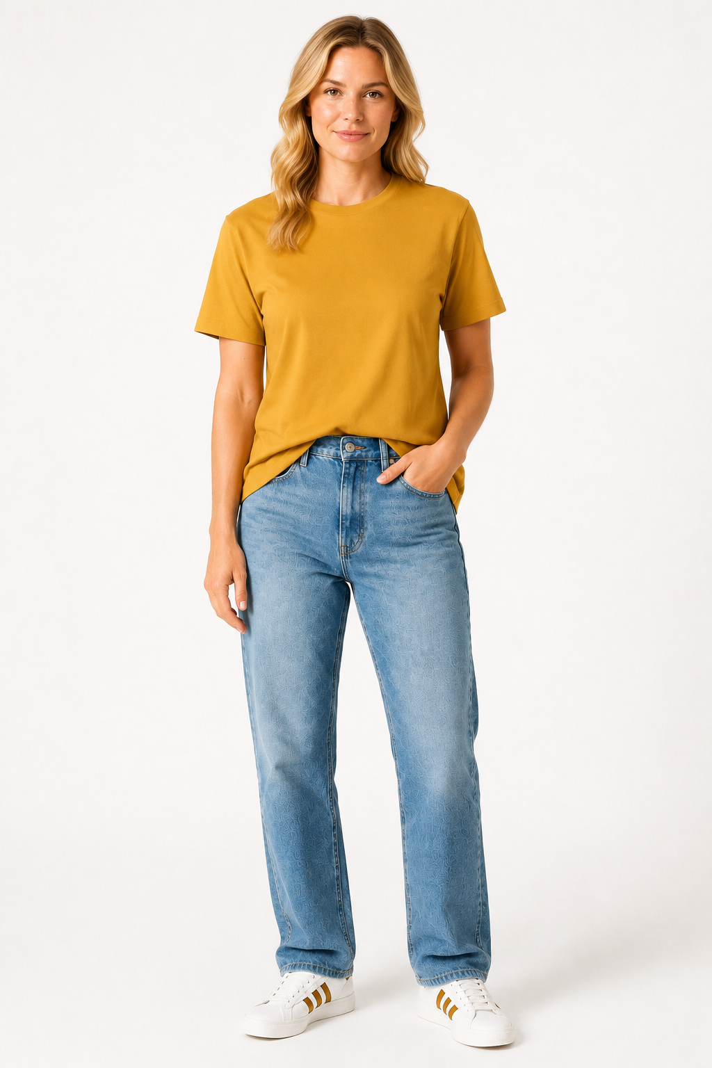 A woman modeling a mustard yellow short-sleeve t-shirt, light-wash blue jeans, and white sneakers with gold stripes, standing against a plain white studio background.