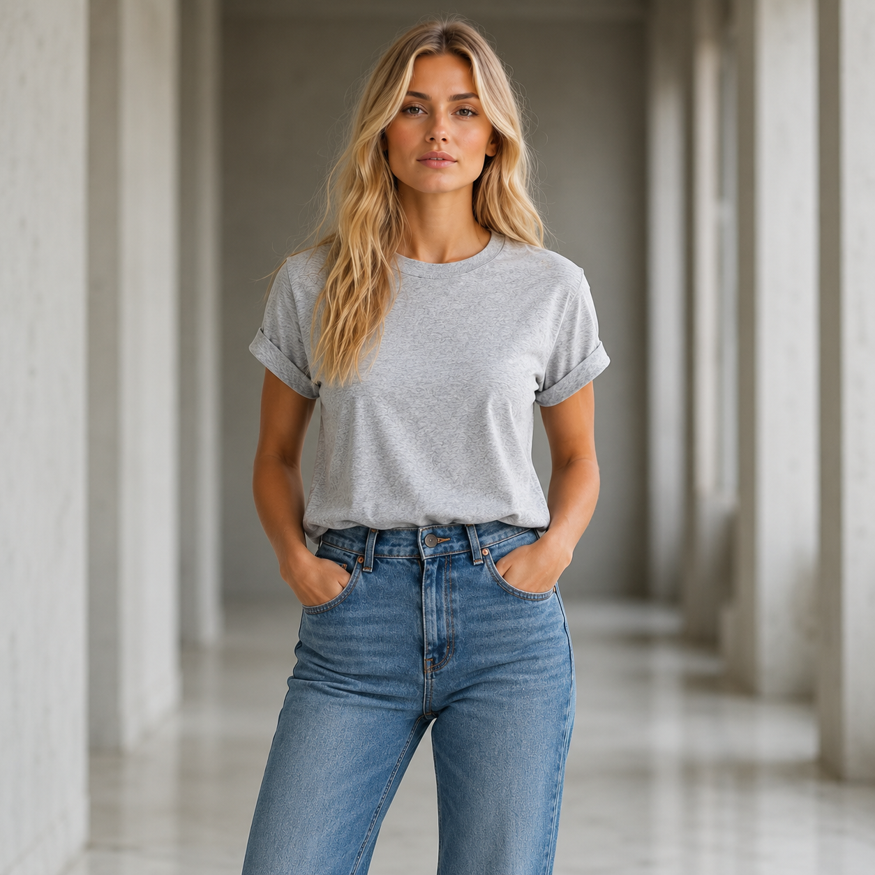 A woman stands in a bright, modern corridor wearing a light gray heather crewneck t-shirt and blue jeans.