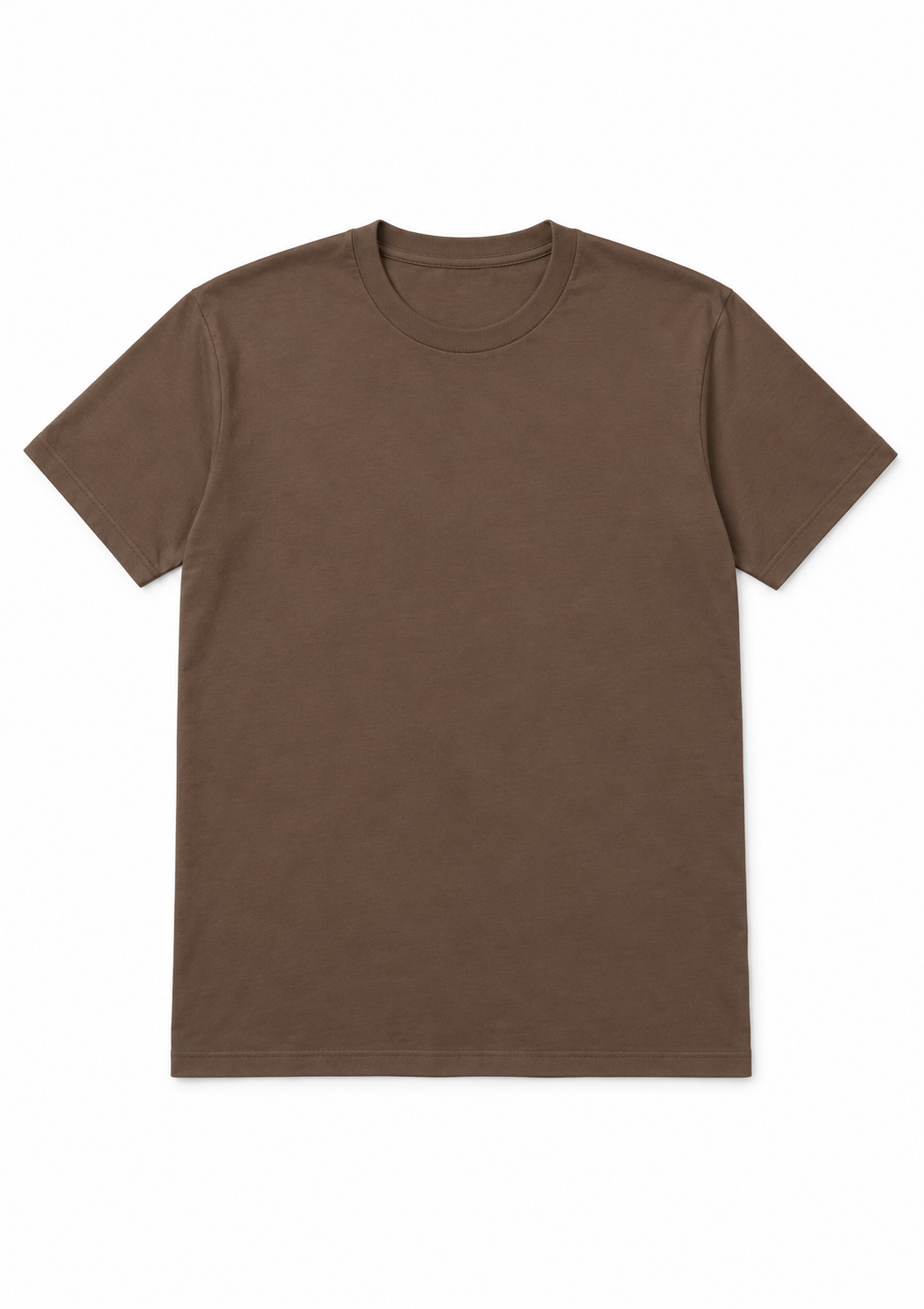 A plain brown short-sleeve crewneck t-shirt laid flat against a clean white background.