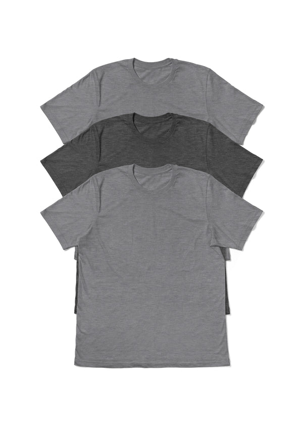 short sleeve crew neck boyfriend cut style t-shirts in three different shades of gray in a triblend jersey from the perfect tshirt co