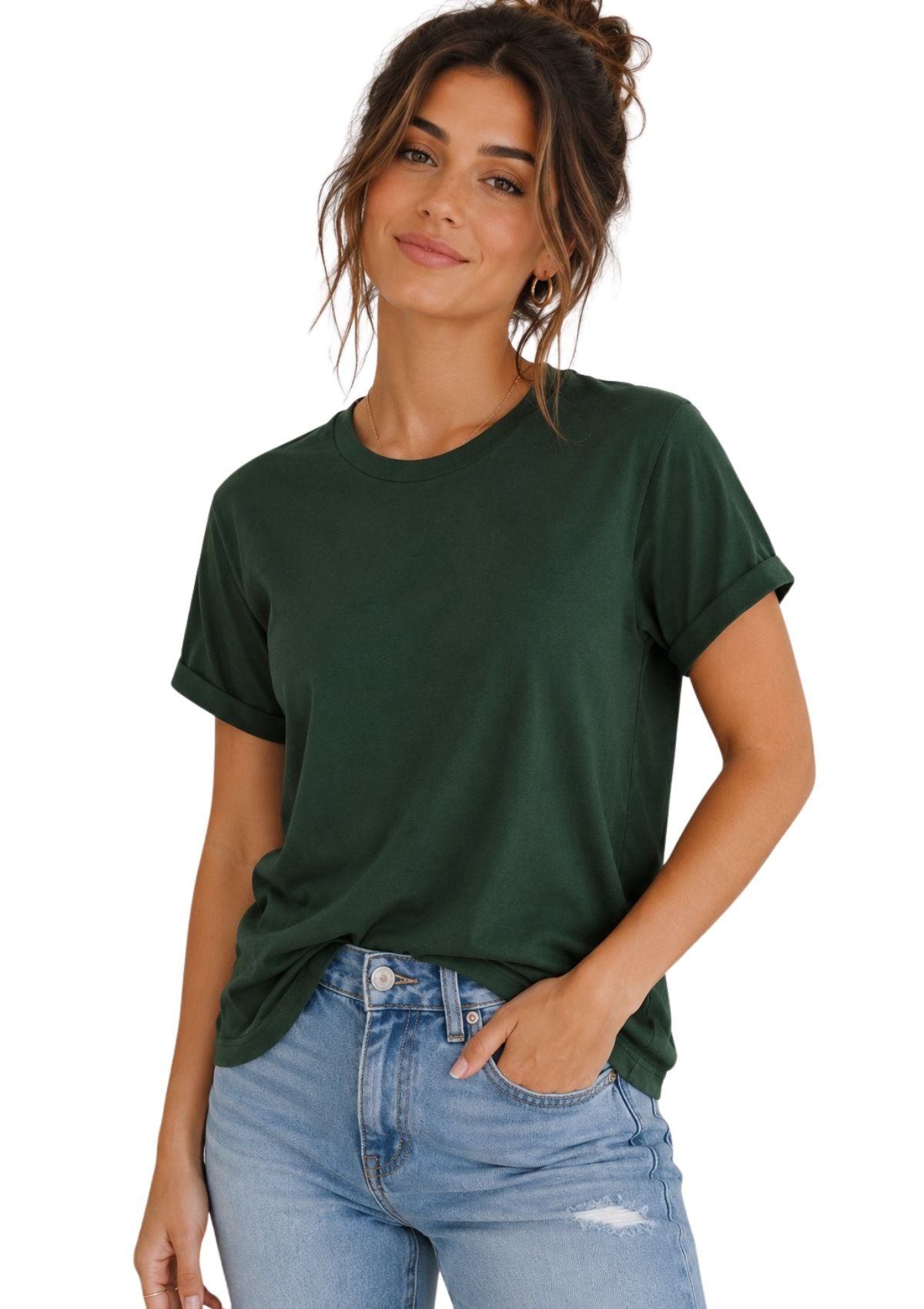 womens forest green boyfriend cut t-shirt short sleeve French tuck image view