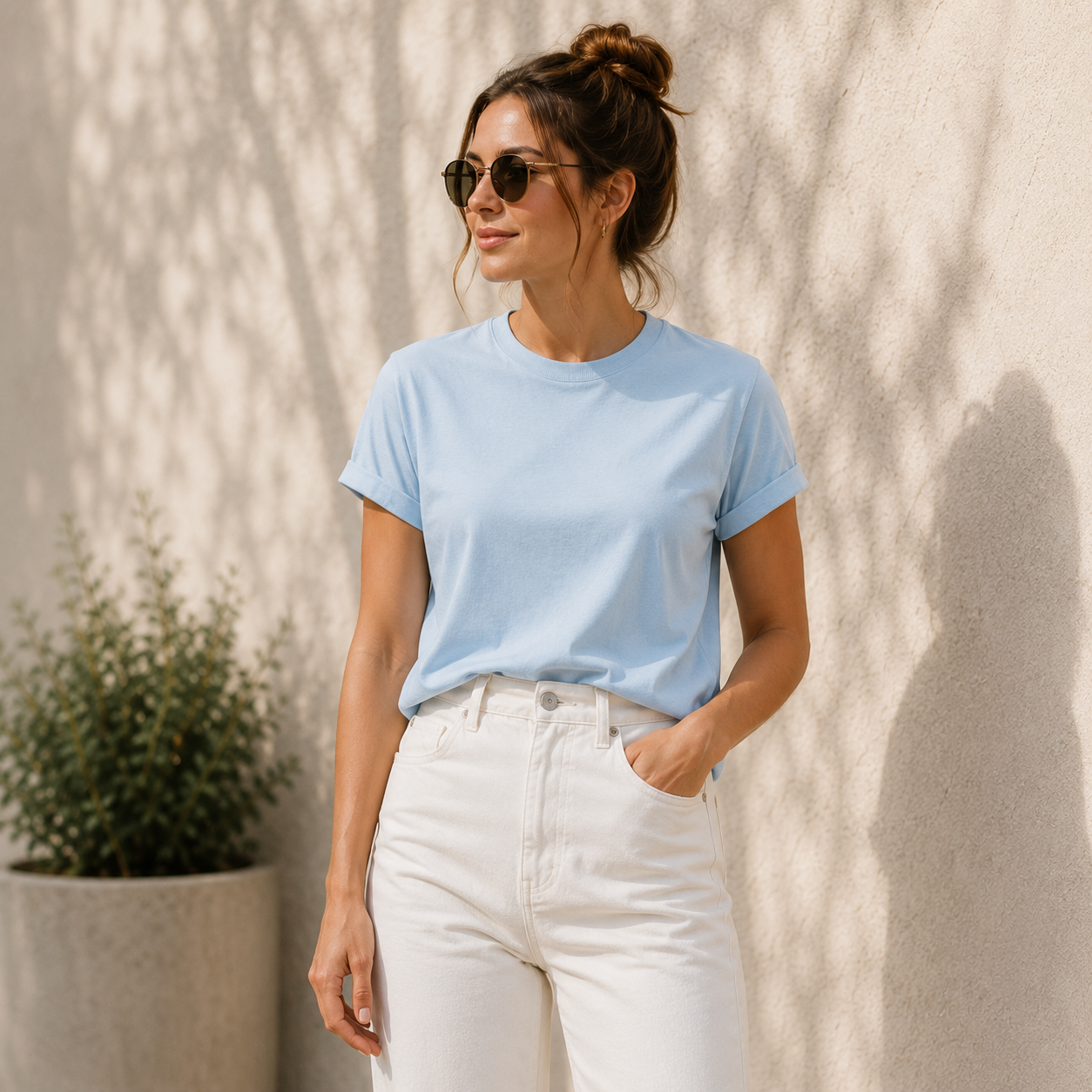 Woman wearing a light blue t-shirt and white pants standing against a beige wall.