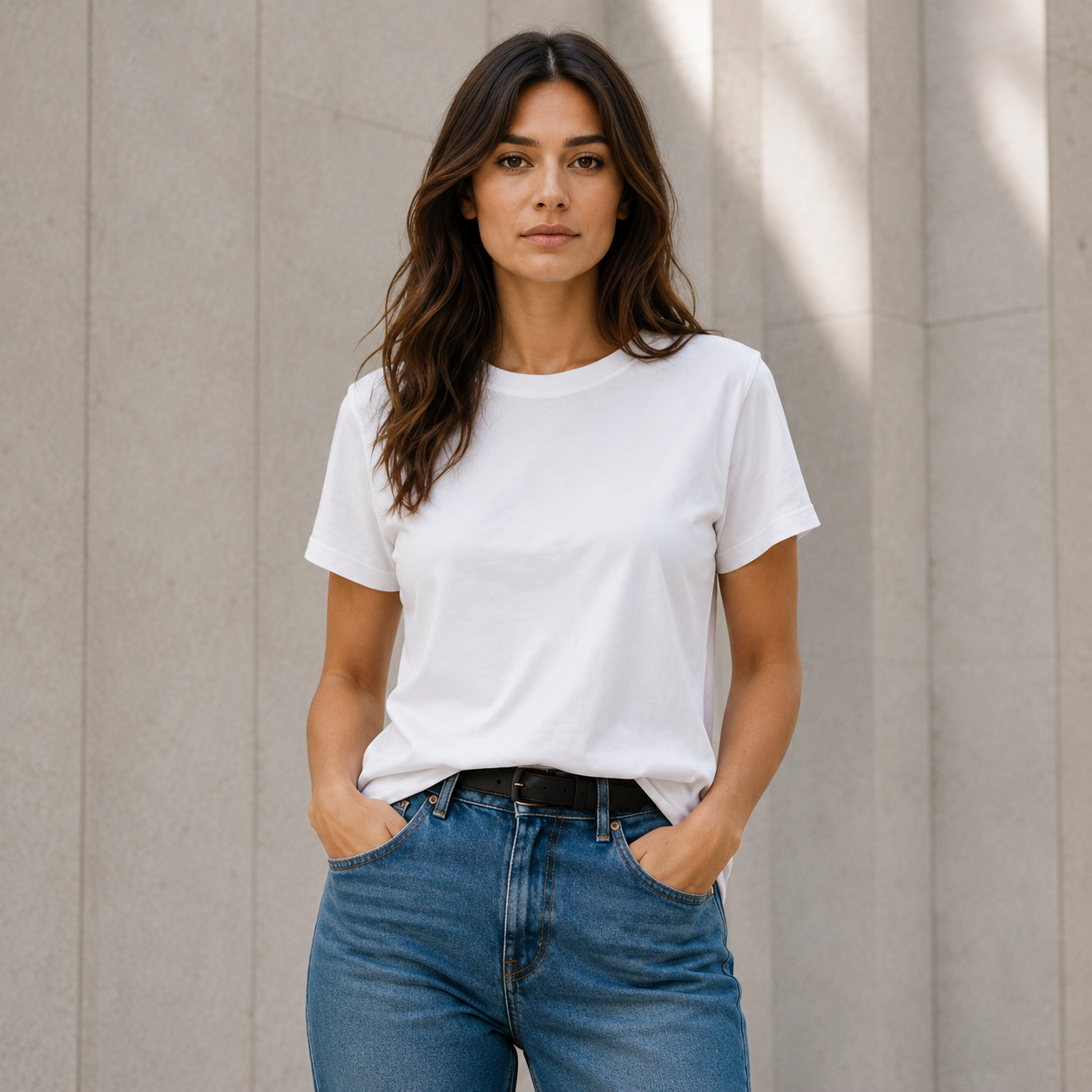 A woman wearing a solid white short-sleeve crewneck boyfriend cut t-shirt and blue jeans, standing against a light gray concrete wall.