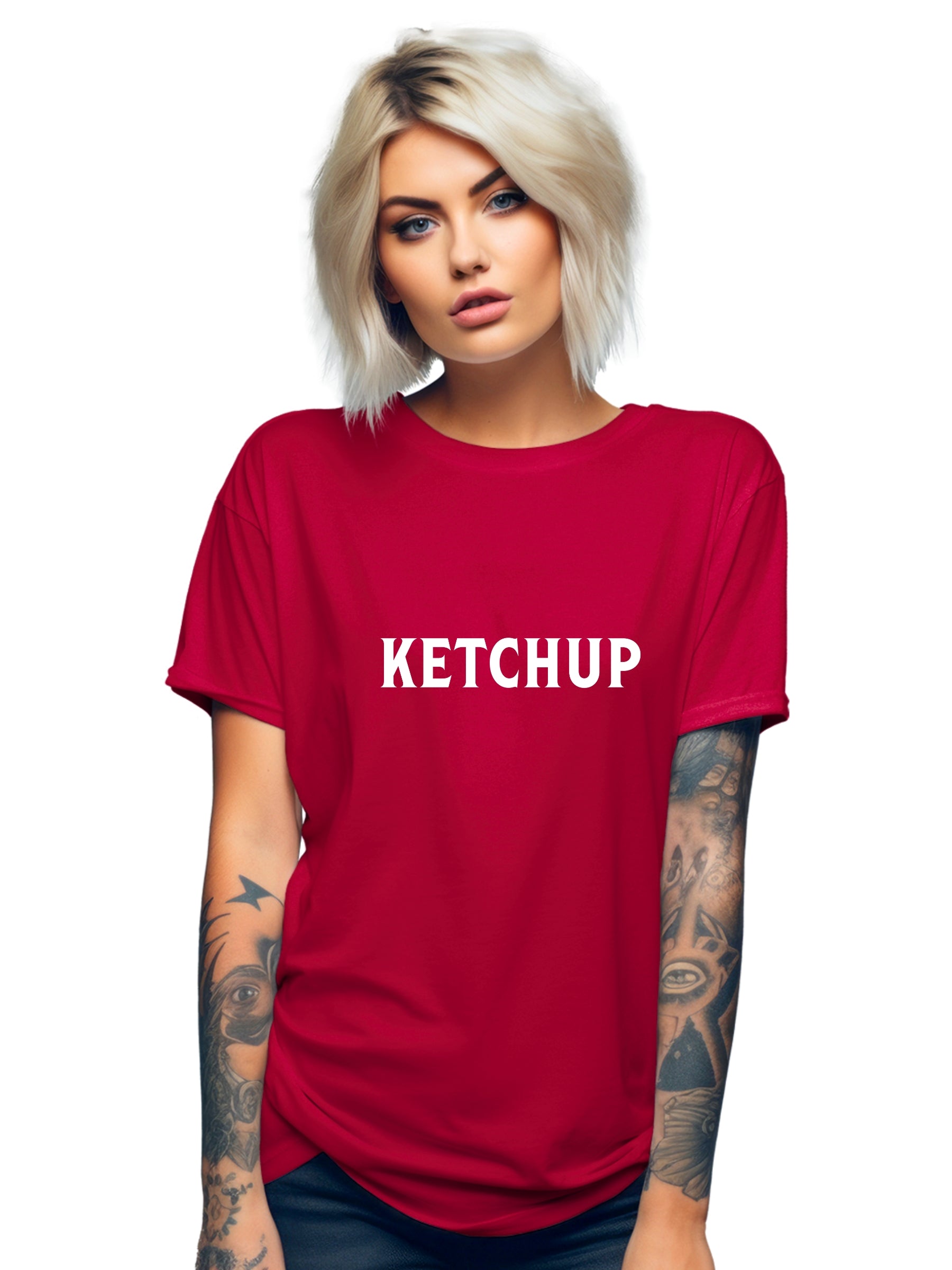 Person wearing a red t-shirt with 'KETCHUP' text in white text background