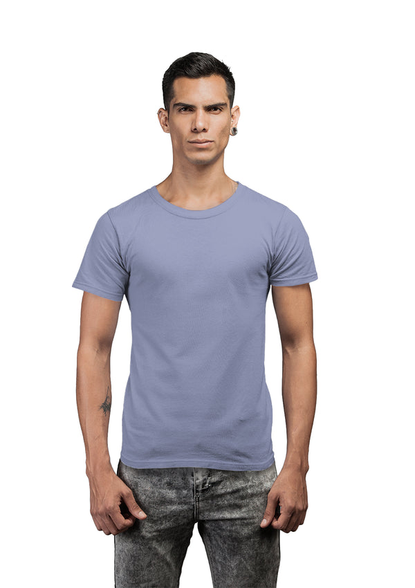 man modelling a short sleeve crew neck t-shirt in lavender blue cotton from the Perfect TShirt Co.