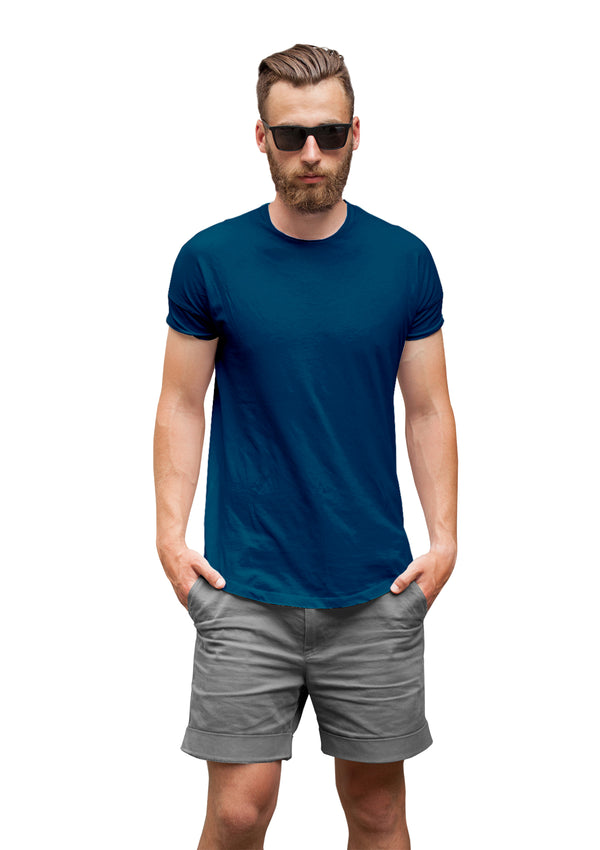 man wearing a short sleeve crew neck deep teal t-shirt from Perfect TShirt Co