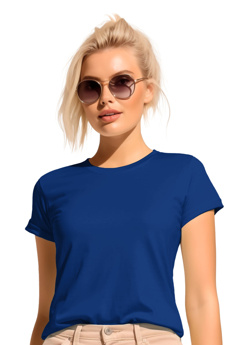 blond model wearing a short sleeve crew neck royal blue slim fit t-shirt | Perfect TShirt Co