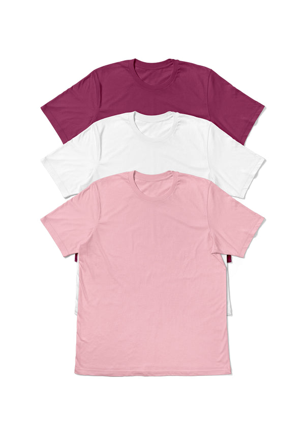 Womens Boyfriend T-Shirt Bundle - 3pc Pink, White & Berry Red