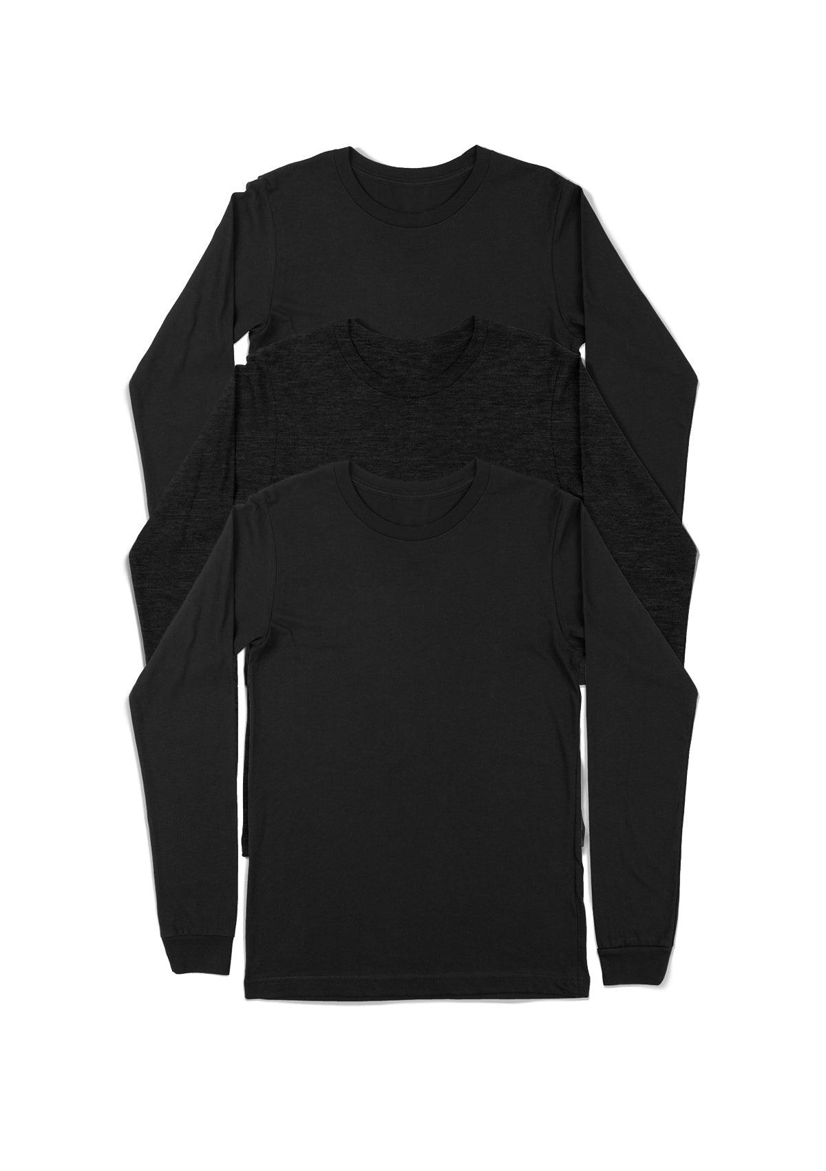 Mens T-Shirts Long Sleeve Black Crew Neck Cotton 3 Pack Bundles - Perfect TShirt Co