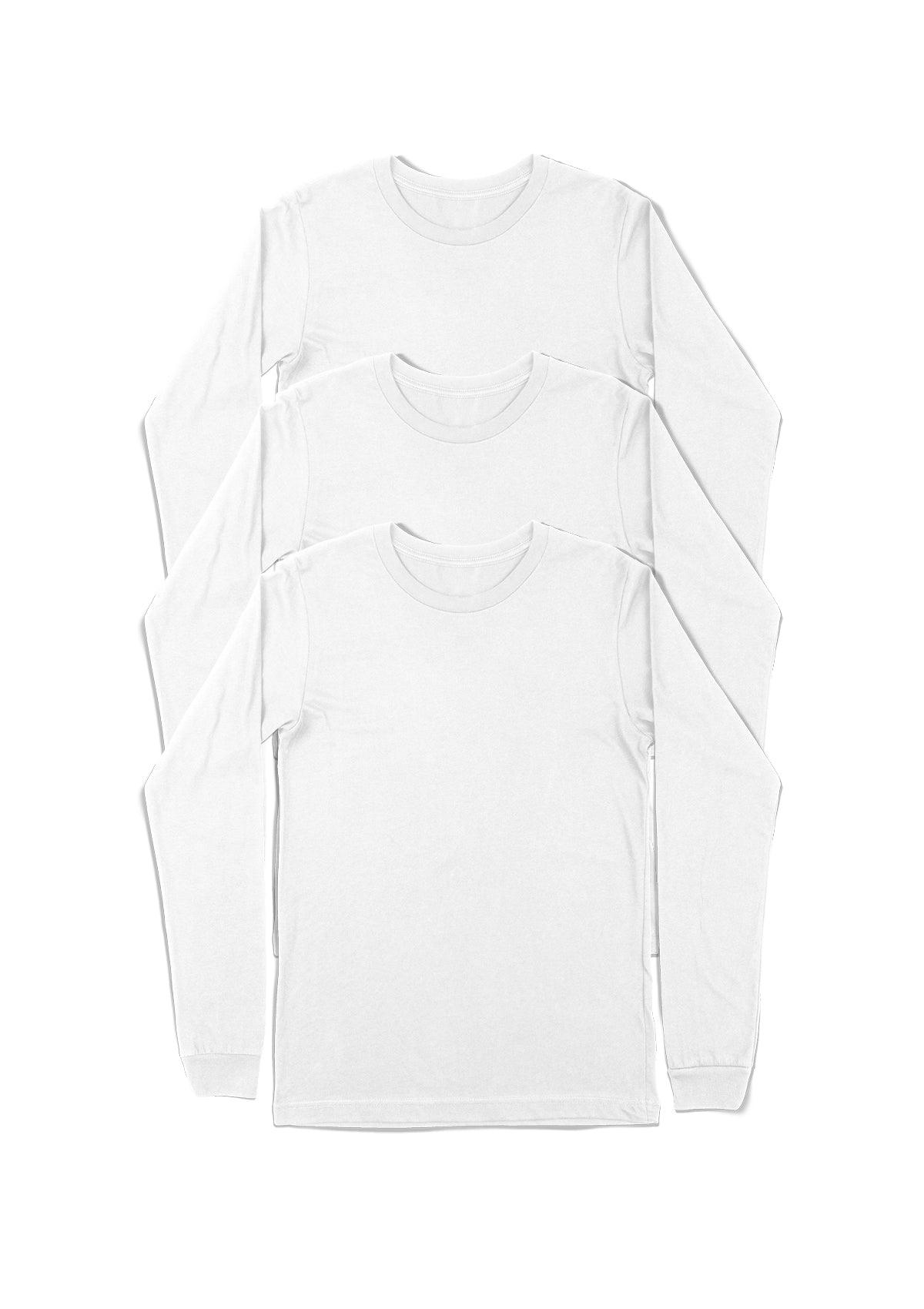 Mens T-Shirts Long Sleeve Crew Neck White 3 Pack - Perfect TShirt Co