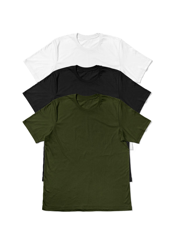Mens T-Shirt 3 pack bundle - Veterns Pack White, Black & Military Green