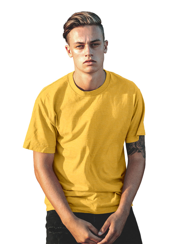 Male Model wearing the Perfect TShirt Co.'s short sleeve crew neck yellow triblend t-shirt
