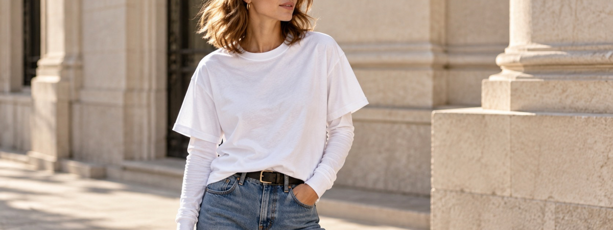 girl wearing white long sleeve t-shirt with a boyfriend cut white t-shirt layered over the long sleeve tee.  Girl is also wearing blue jeans 