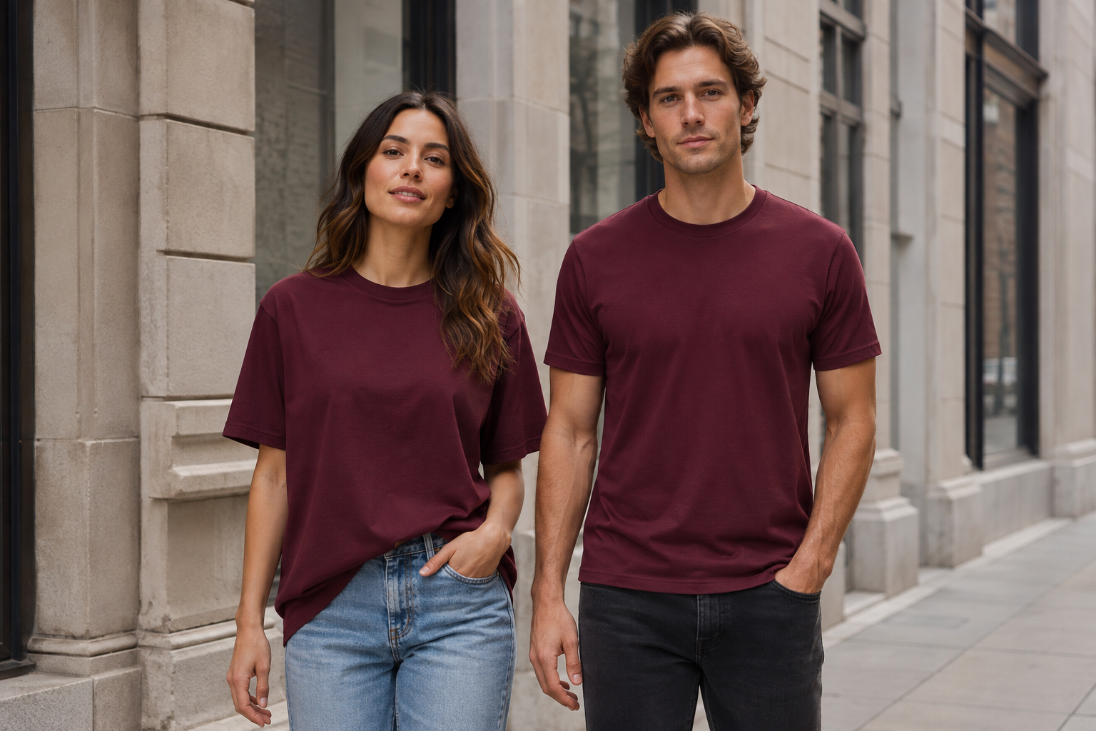 unisex burgundy t-shirt in both men's classic fit and women's boyfriend cut t-shirt