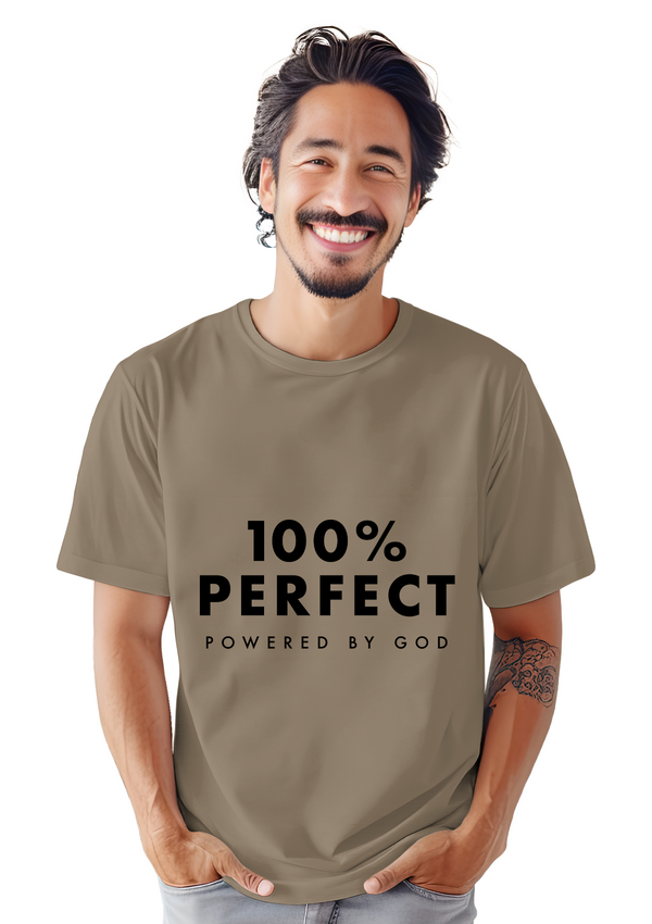 100% Perfect - Powered by God Unisex Tan T-Shirt - Perfect TShirt Co