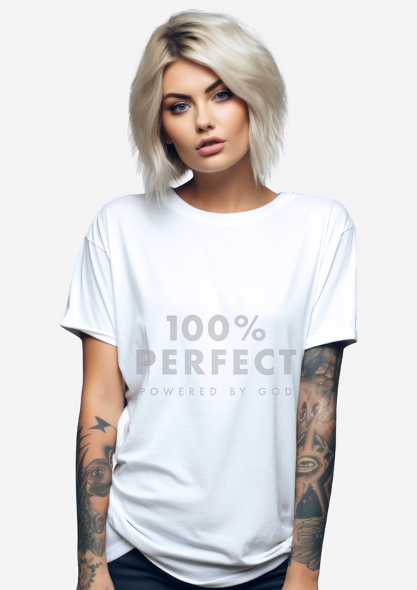 100% Perfect - Powered by God Unisex White T-Shirt - Perfect TShirt Co