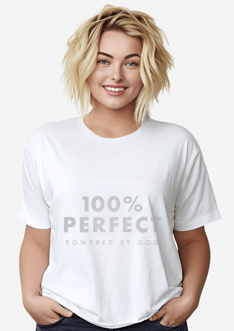 100% Perfect - Powered by God Unisex White T-Shirt - Perfect TShirt Co