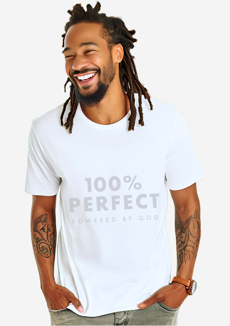 100% Perfect - Powered by God Unisex White T-Shirt - Perfect TShirt Co