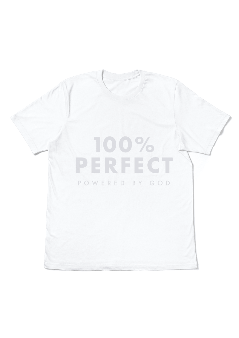 100% Perfect - Powered by God Unisex White T-Shirt - Perfect TShirt Co