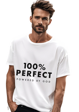 100% Perfect - Powered by God Unisex White T-Shirt with Black Print - Perfect TShirt Co