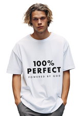 100% Perfect - Powered by God Unisex White T-Shirt with Black Print - Perfect TShirt Co