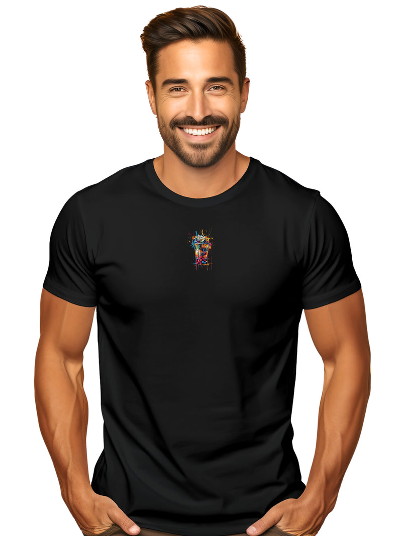 man in a cool graphic prinf black t-shirt of an ice coffee drink