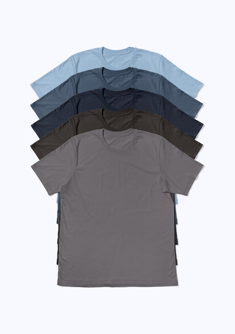 5pack of t-shirts baby blue, steel blue, navy blue, asphalt gray and storm gray 