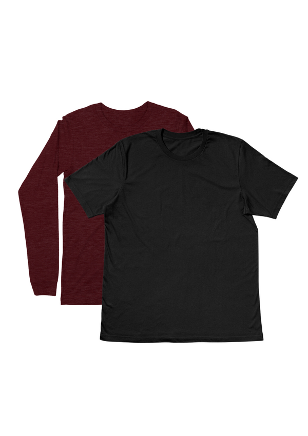 Mens T-Shirts Long & Short Sleeve 2 Pack - Maroon/Black