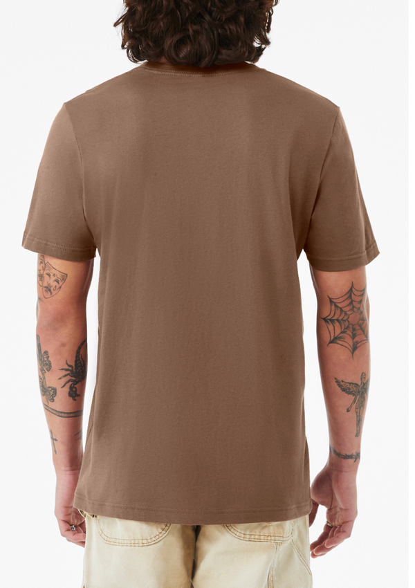 male model back view of short sleee c crew neck vintage brown t-shirt  | Perfect TShirt Co.