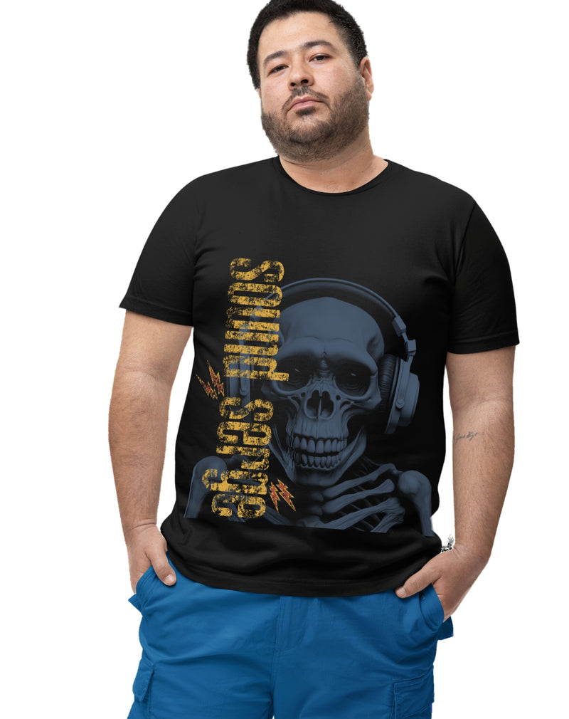 sound serge graphic t-shirt in black with signature skull in head phones