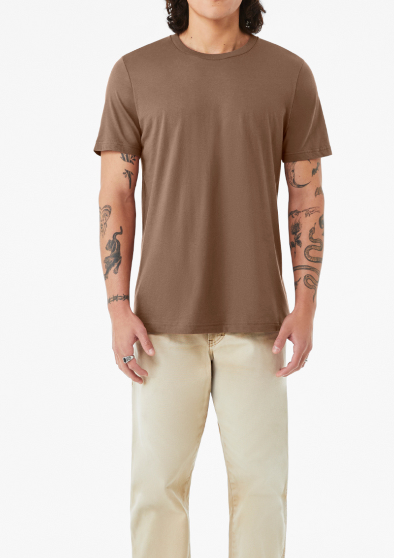 Male Full Size Model in Vintage Brown Short Sleeve Crew Neck T-Shirt | Perfect TShirt Co