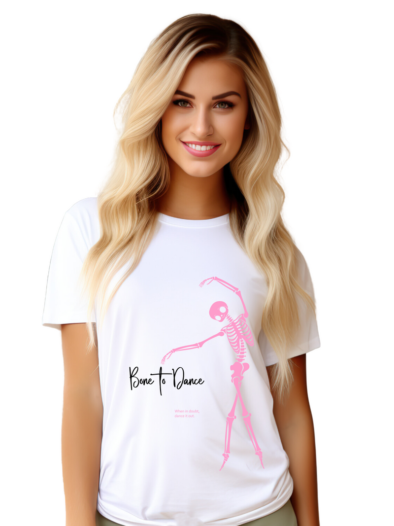 Bone to Dance Graphic T-Shirt – Pink Skeleton Vibes for Dance Lovers